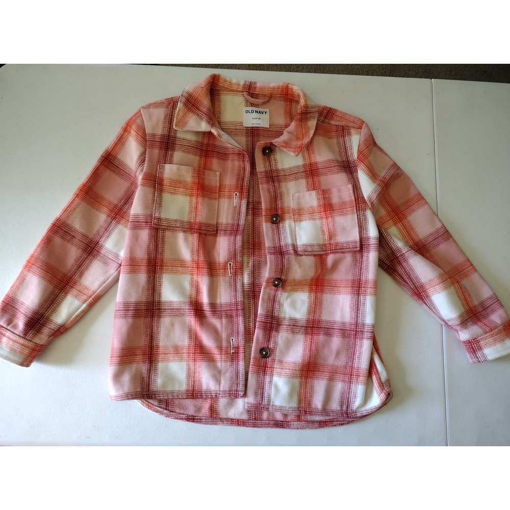 Old Navy Girls XL‎ Plaid Flannel Shirt Jacket Shacket Pink Orange White